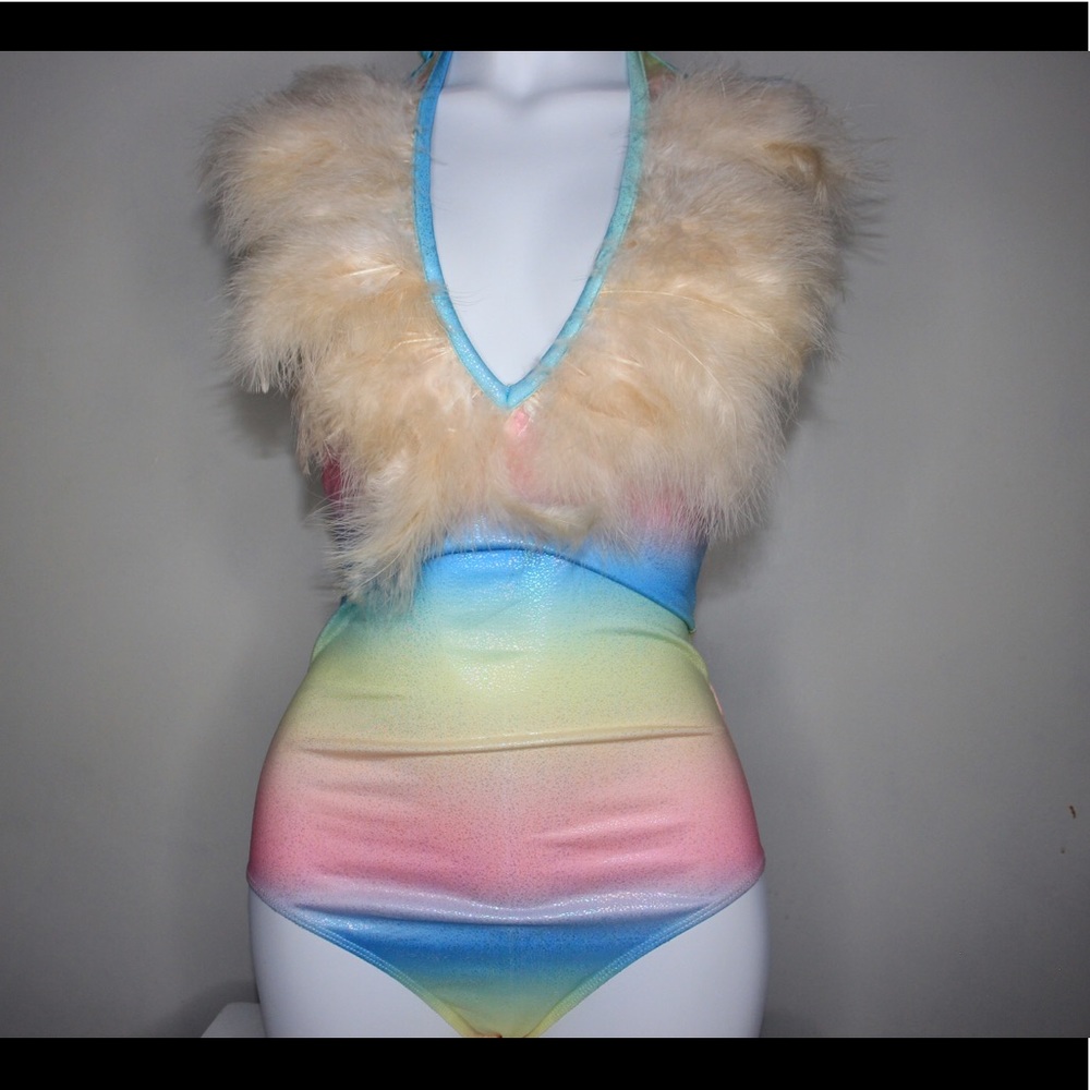NWT cotton candy rainbow bodysuit medium feathers